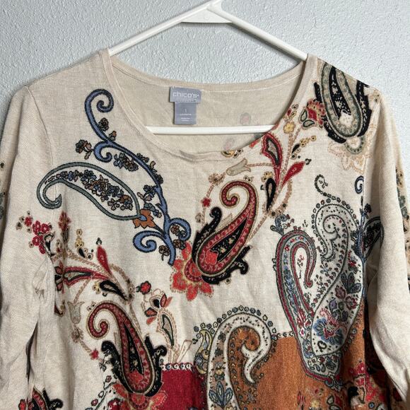 Chicos Paisley Sweater Medium Cream Multicolor Pullover Long Sleeve Knit - Picture 3 of 7